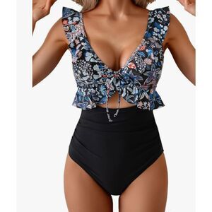 NEW Eomenie Blue Floral One Piece Swimsuit Ruffle Top Keyhole Tie Front XL NWT